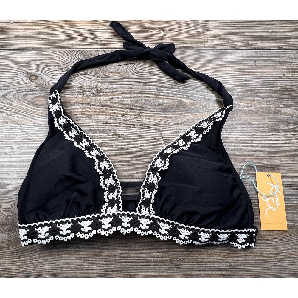 Kona Sol Women's Halter Bikini Top Size S Black White Crochet Trim Beach Resort